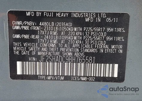 2011 Subaru Forester 2.5X Premium z USA, uszkodzony, nr VIN JF2SHADC9BH765581